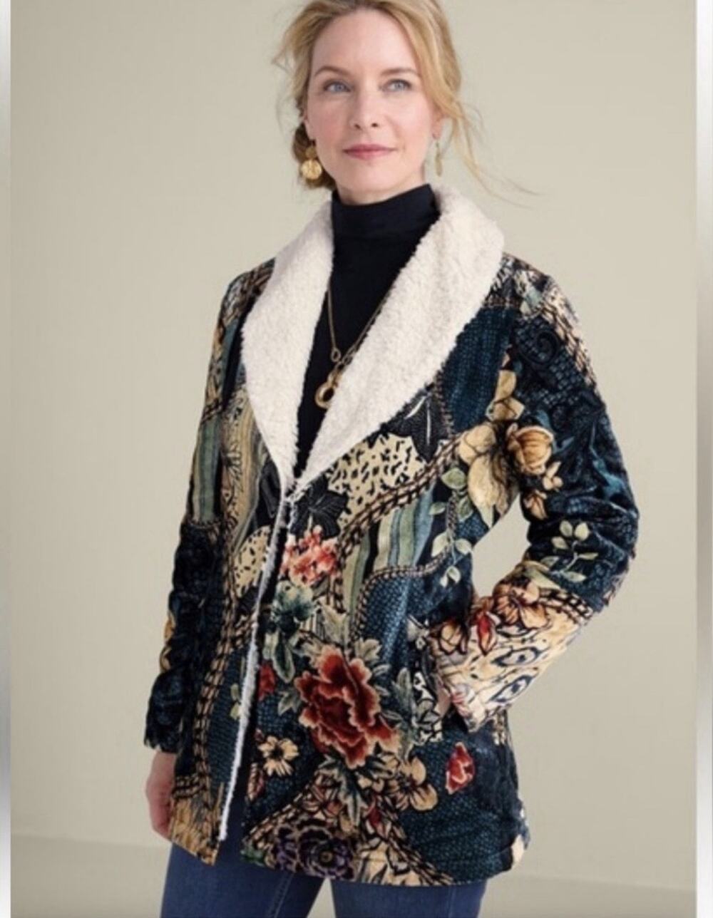 Soft Surroundings Innsbrook Jacket Petite Medium Velvet Faux Shearling New Boho
